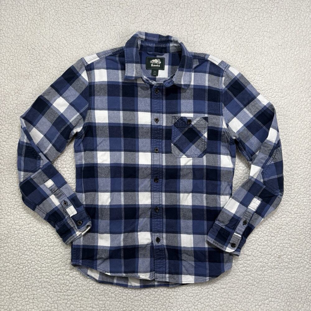 Roots Canada Flannel Button Down Mens Size S Blue Black Plaid‎ Cotton Pocket